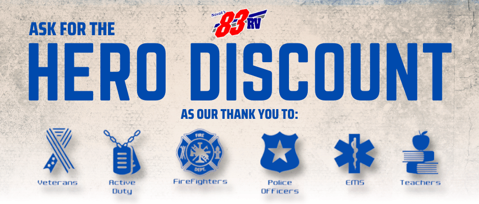 Hero Discount, honoring veterans, active-duty military, firefighters, police officers, EMS, and teachers with special savings on RV rentals, sales, parts, and service at our dealership in the northern Chicago suburbs near Long Grove, IL.